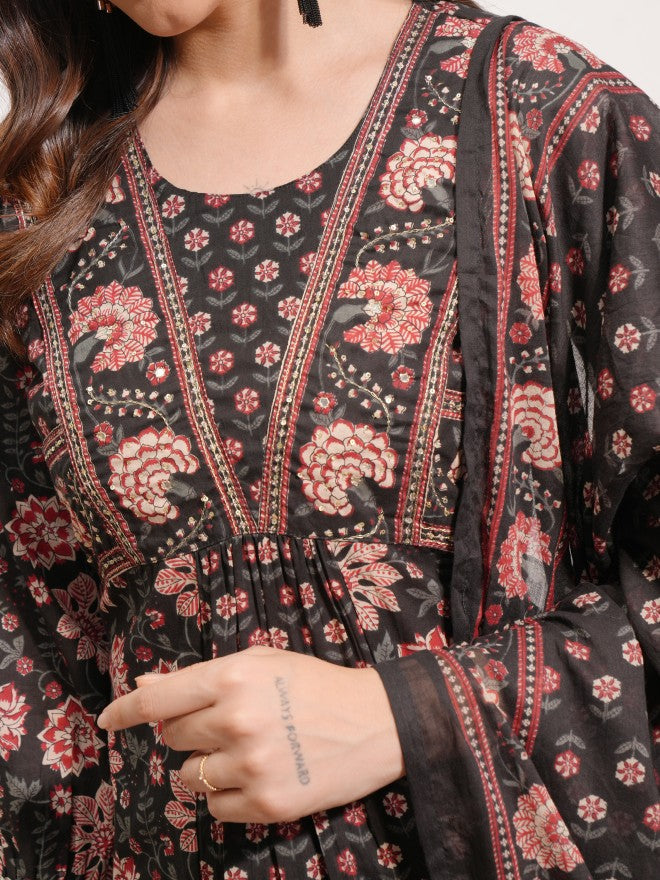 Vishudh Women Black Printed Kurta With Trouser And Dupatta - Black - Image 5