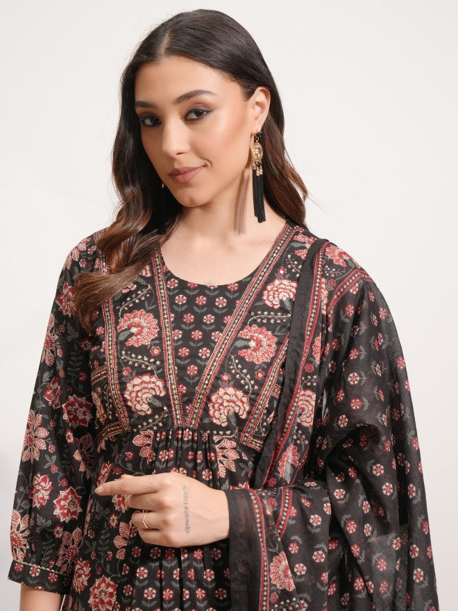 Vishudh Women Black Printed Kurta With Trouser And Dupatta - Black - Image 8