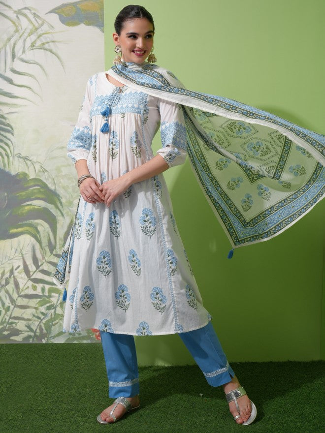 Vishudh Women White Printed Kurta With Trouser And Dupatta - White - Image 1