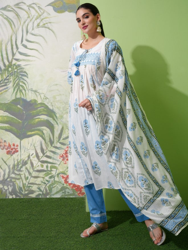 Vishudh Women White Printed Kurta With Trouser And Dupatta - White - Image 2