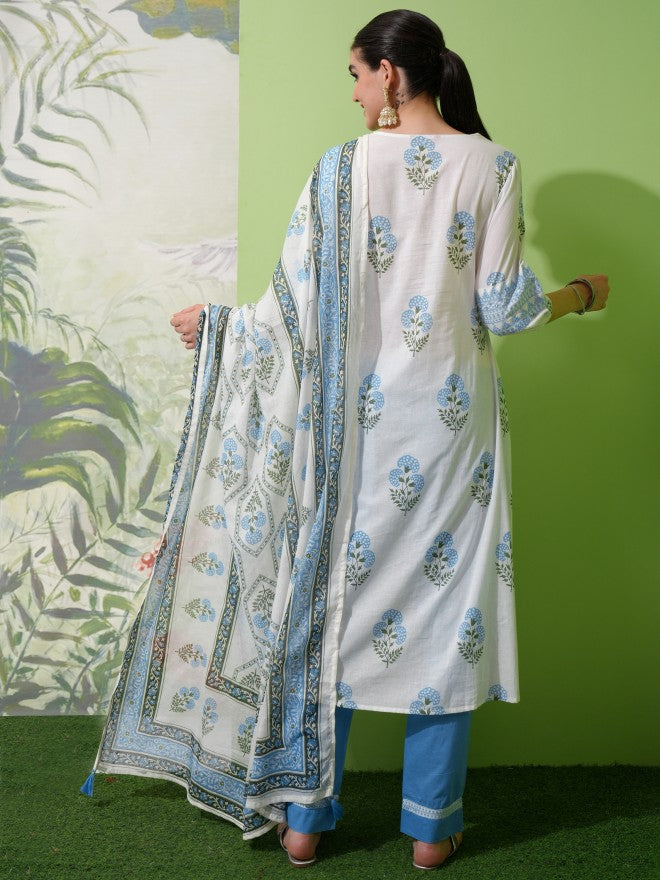 Vishudh Women White Printed Kurta With Trouser And Dupatta - White - Image 3