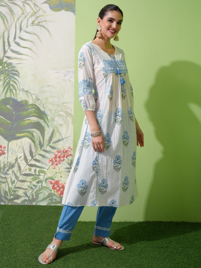 Vishudh Women White Printed Kurta With Trouser And Dupatta - White - Image 4