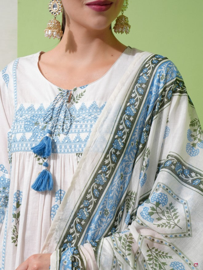 Vishudh Women White Printed Kurta With Trouser And Dupatta - White - Image 5