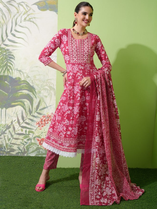 Vishudh Women Pink Printed Kurta With Trouser And Dupatta - Pink - Image 1