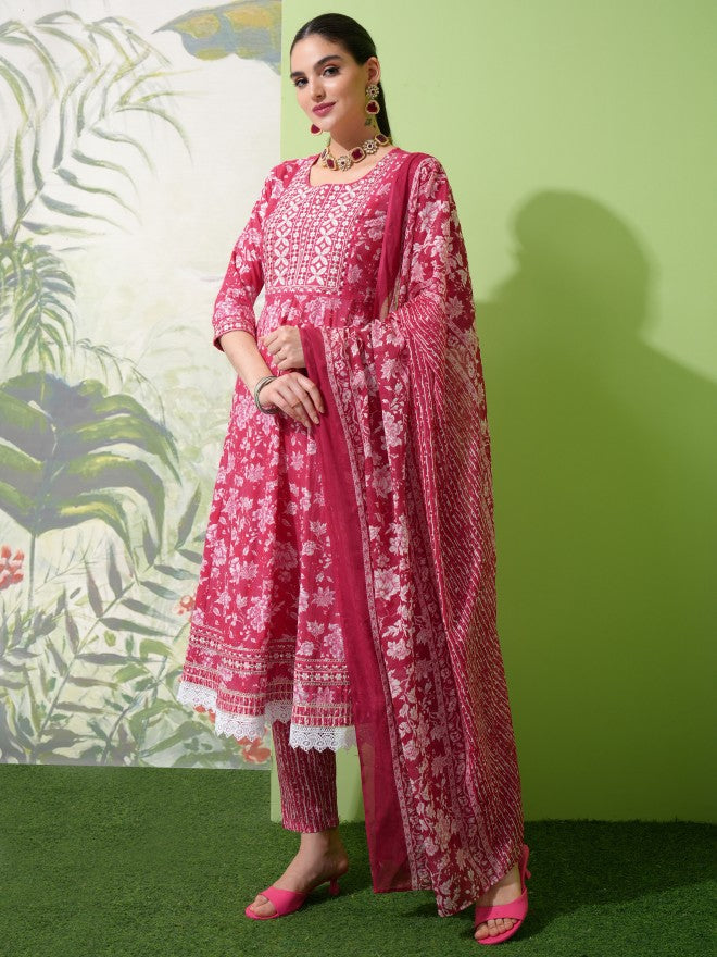 Vishudh Women Pink Printed Kurta With Trouser And Dupatta - Pink - Image 2