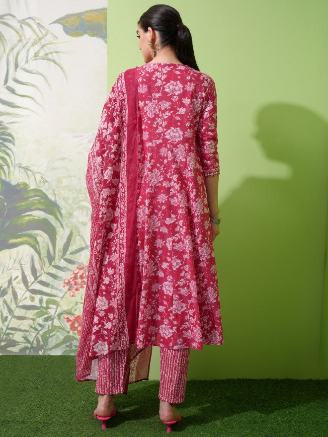 Vishudh Women Pink Printed Kurta With Trouser And Dupatta - Pink - Image 3