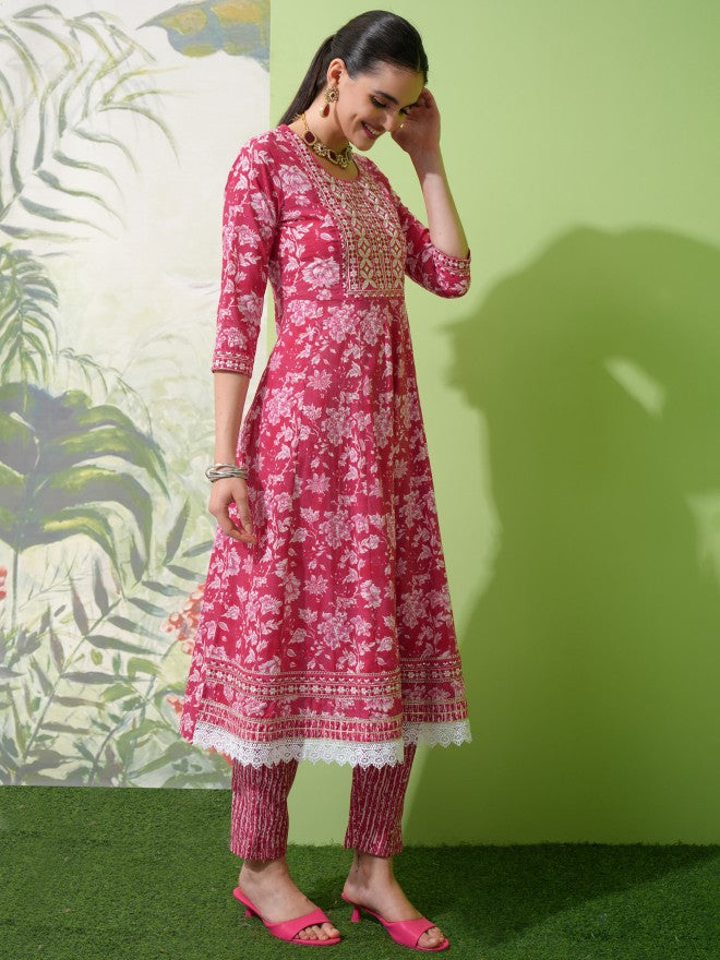 Vishudh Women Pink Printed Kurta With Trouser And Dupatta - Pink - Image 4