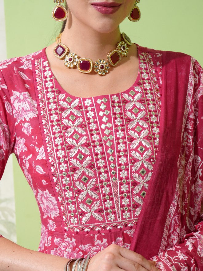 Vishudh Women Pink Printed Kurta With Trouser And Dupatta - Pink - Image 5