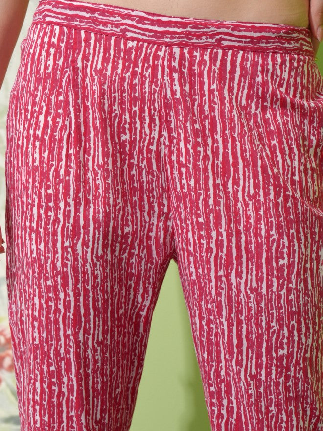 Vishudh Women Pink Printed Kurta With Trouser And Dupatta - Pink - Image 6
