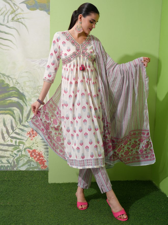 Vishudh Women White Printed Kurta With Trouser And Dupatta - White - Image 1