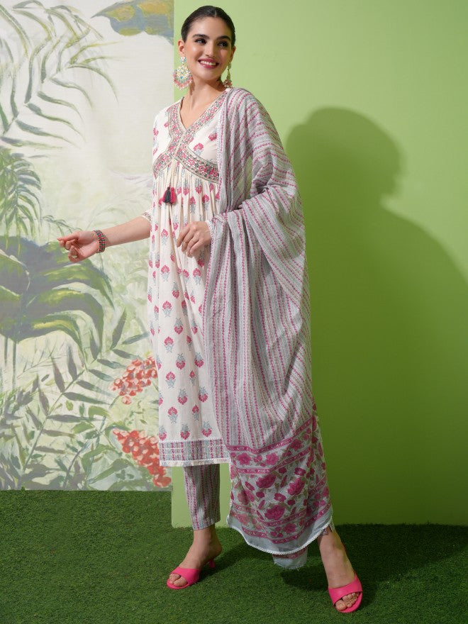 Vishudh Women White Printed Kurta With Trouser And Dupatta - White - Image 2