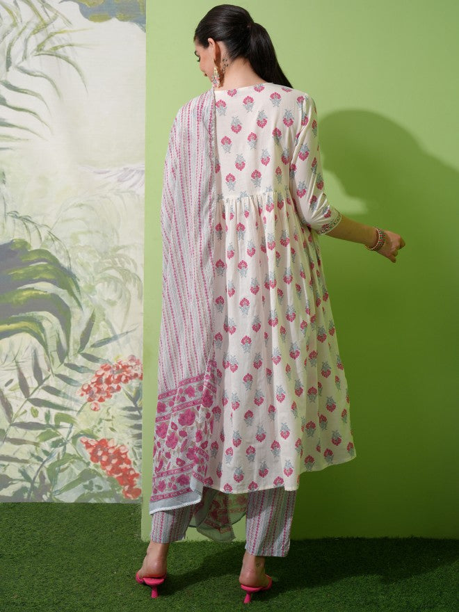 Vishudh Women White Printed Kurta With Trouser And Dupatta - White - Image 3