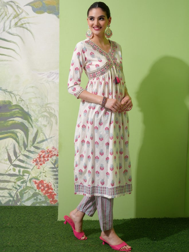 Vishudh Women White Printed Kurta With Trouser And Dupatta - White - Image 4
