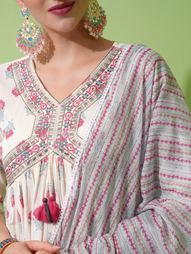 Vishudh Women White Printed Kurta With Trouser And Dupatta - White - Image 5