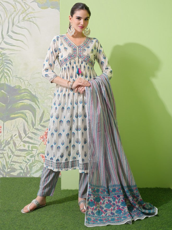 Vishudh Women White Printed Kurta With Trouser And Dupatta - White - Image 1