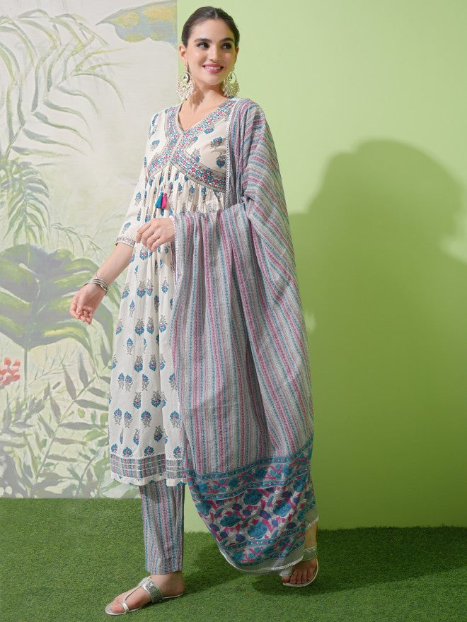 Vishudh Women White Printed Kurta With Trouser And Dupatta - White - Image 2