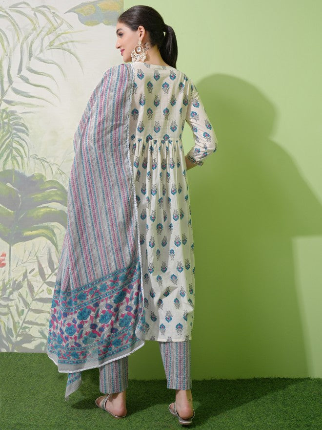 Vishudh Women White Printed Kurta With Trouser And Dupatta - White - Image 3