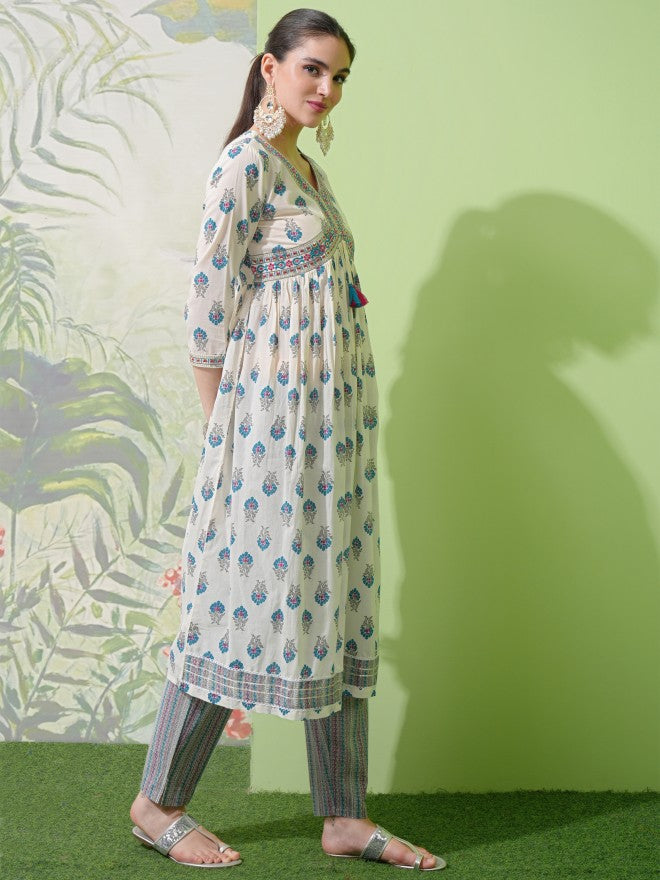 Vishudh Women White Printed Kurta With Trouser And Dupatta - White - Image 4