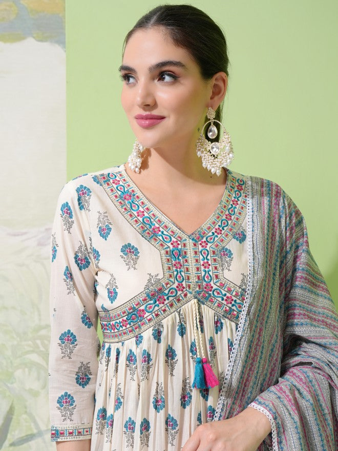 Vishudh Women White Printed Kurta With Trouser And Dupatta - White - Image 8