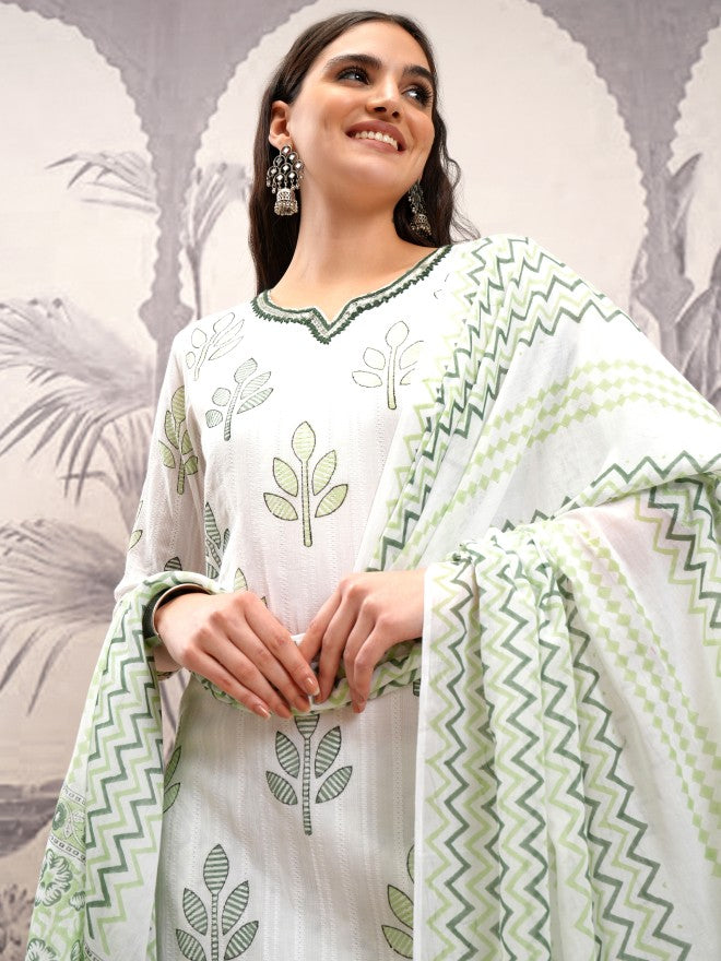 Vishudh Women White Printed Kurta With Trouser And Dupatta - White - Image 1