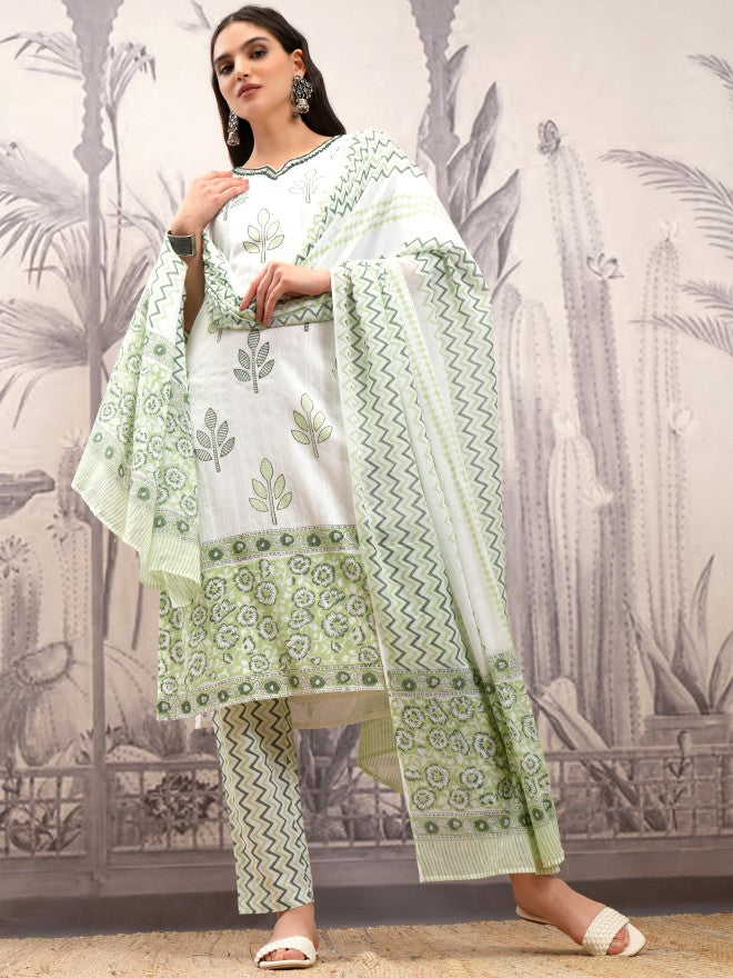 Vishudh Women White Printed Kurta With Trouser And Dupatta - White - Image 2