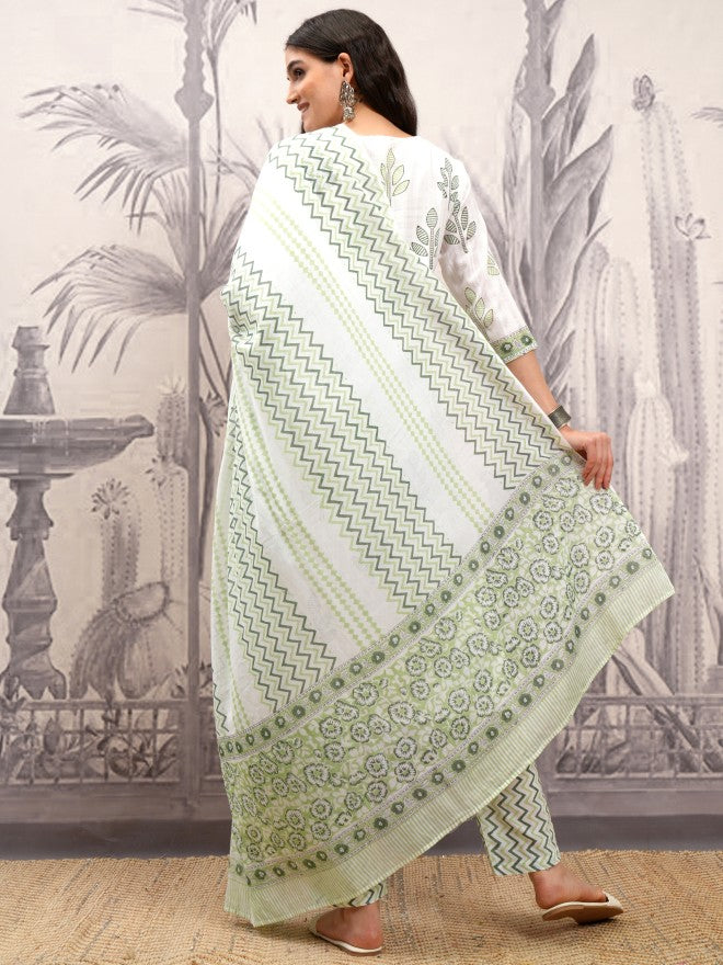 Vishudh Women White Printed Kurta With Trouser And Dupatta - White - Image 3