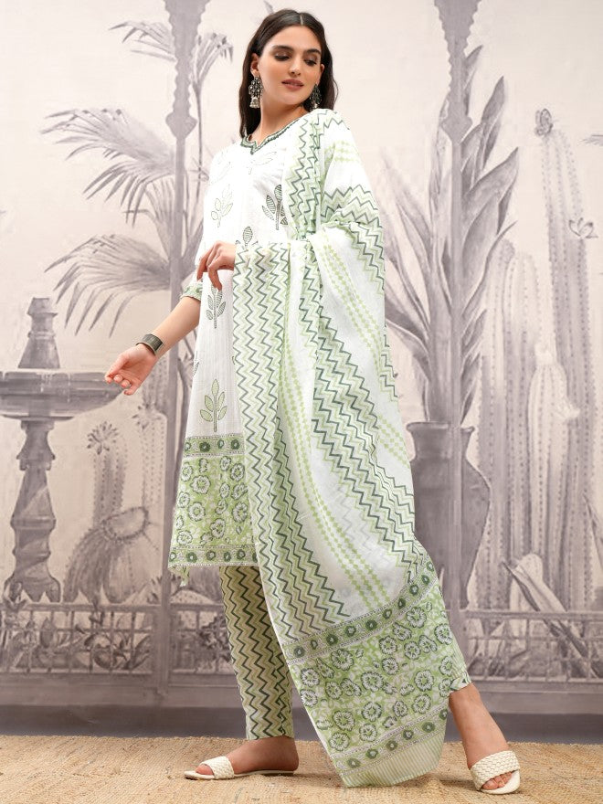 Vishudh Women White Printed Kurta With Trouser And Dupatta - White - Image 4