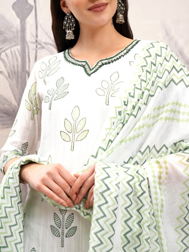 Vishudh Women White Printed Kurta With Trouser And Dupatta - White - Image 5
