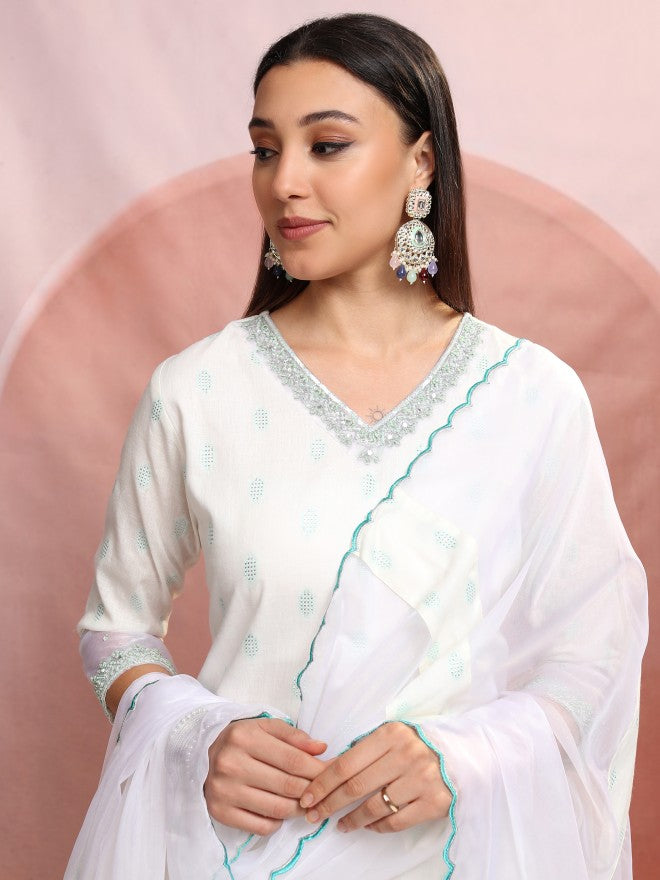 Vishudh Women White Printed Kurta With Trouser And Dupatta - White - Image 1