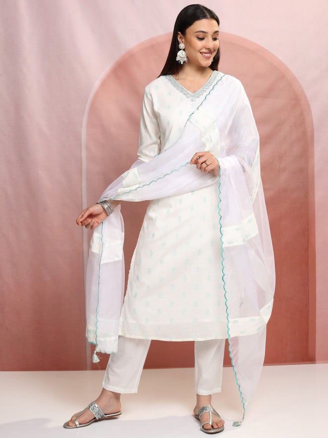 Vishudh Women White Printed Kurta With Trouser And Dupatta - White - Image 2