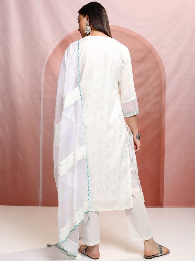 Vishudh Women White Printed Kurta With Trouser And Dupatta - White - Image 3