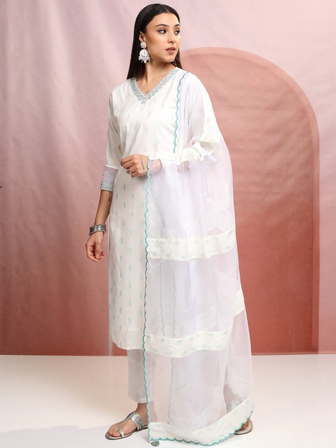 Vishudh Women White Printed Kurta With Trouser And Dupatta - White - Image 4