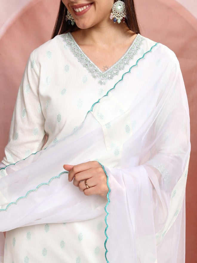 Vishudh Women White Printed Kurta With Trouser And Dupatta - White - Image 5