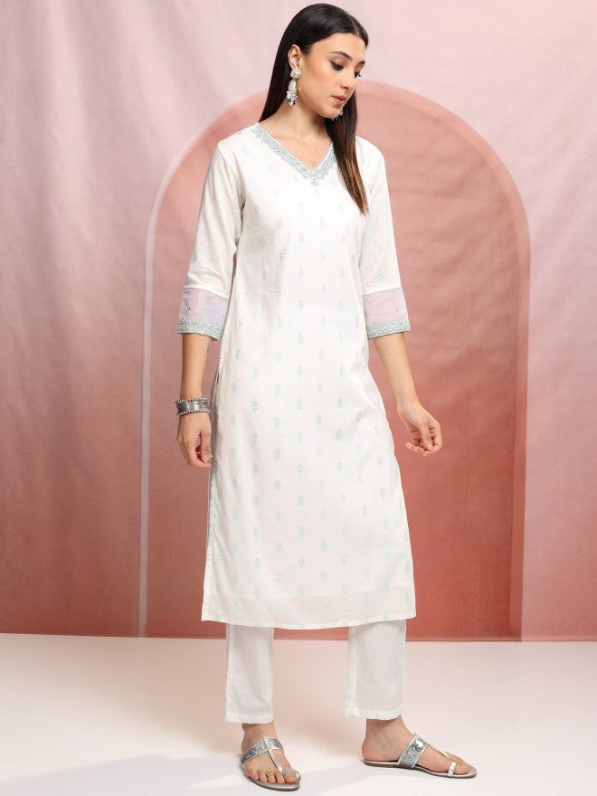 Vishudh Women White Printed Kurta With Trouser And Dupatta - White - Image 6
