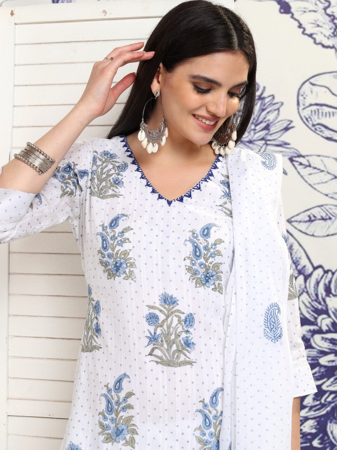 Vishudh Women White Printed Kurta With Trouser And Dupatta - White - Image 1