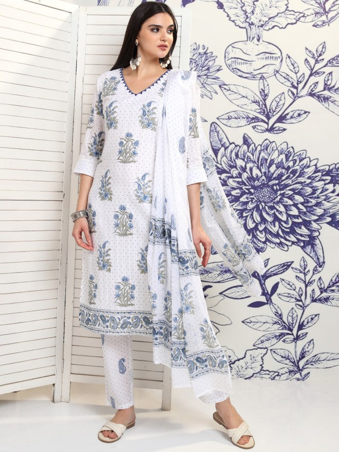Vishudh Women White Printed Kurta With Trouser And Dupatta - White - Image 2