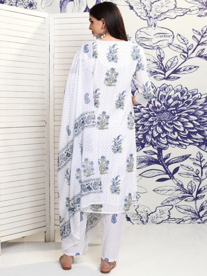 Vishudh Women White Printed Kurta With Trouser And Dupatta - White - Image 3