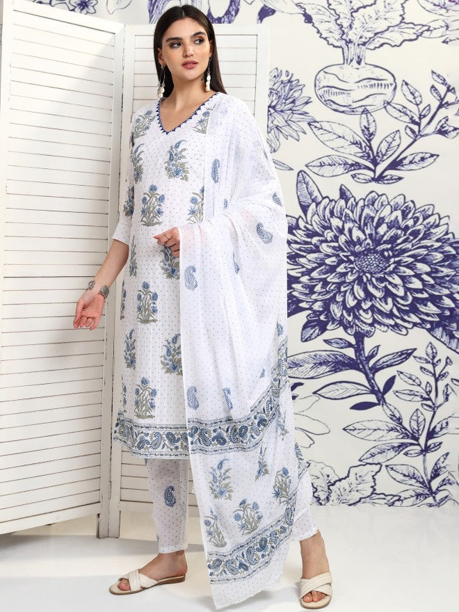 Vishudh Women White Printed Kurta With Trouser And Dupatta - White - Image 4