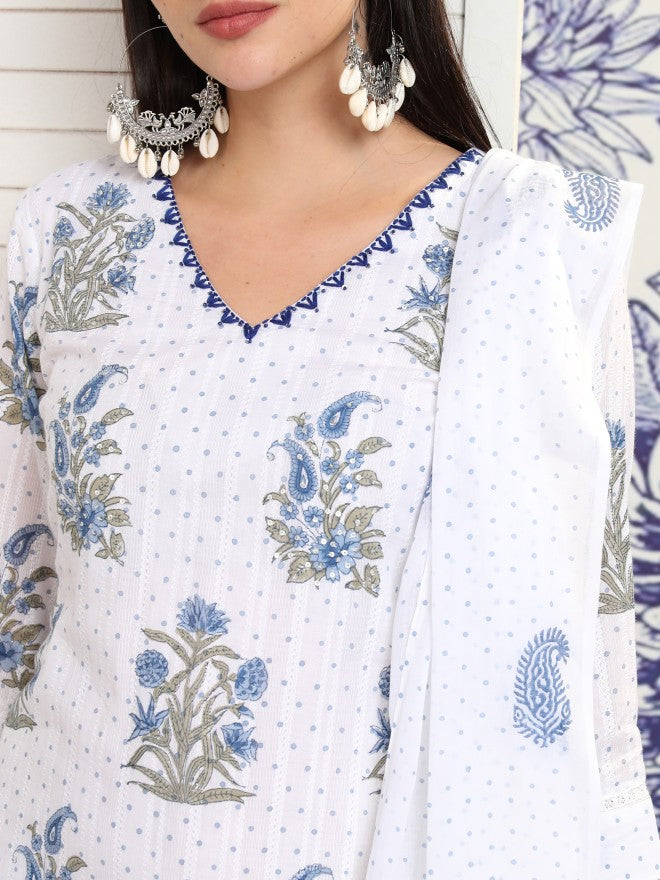 Vishudh Women White Printed Kurta With Trouser And Dupatta - White - Image 5