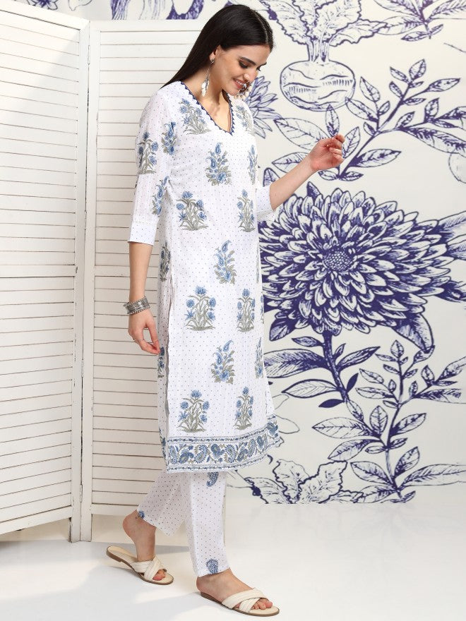 Vishudh Women White Printed Kurta With Trouser And Dupatta - White - Image 6