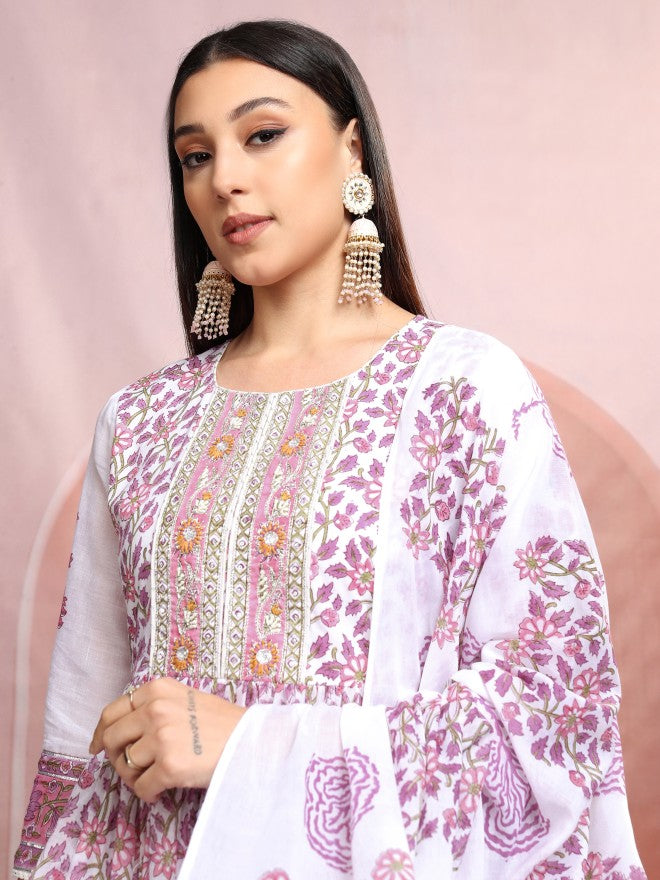 Vishudh Women White Printed Kurta With Trouser And Dupatta - White - Image 1
