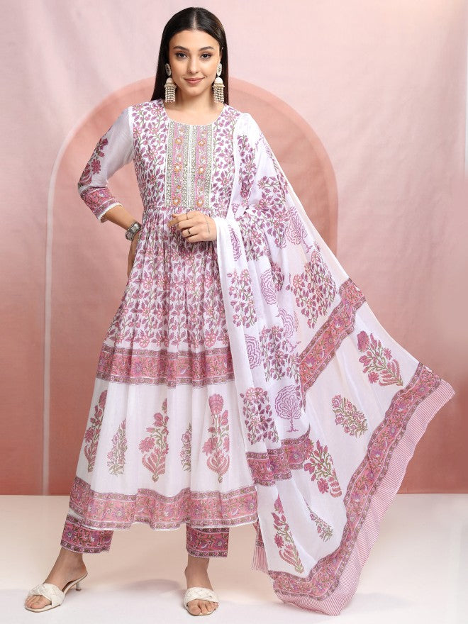 Vishudh Women White Printed Kurta With Trouser And Dupatta - White - Image 2
