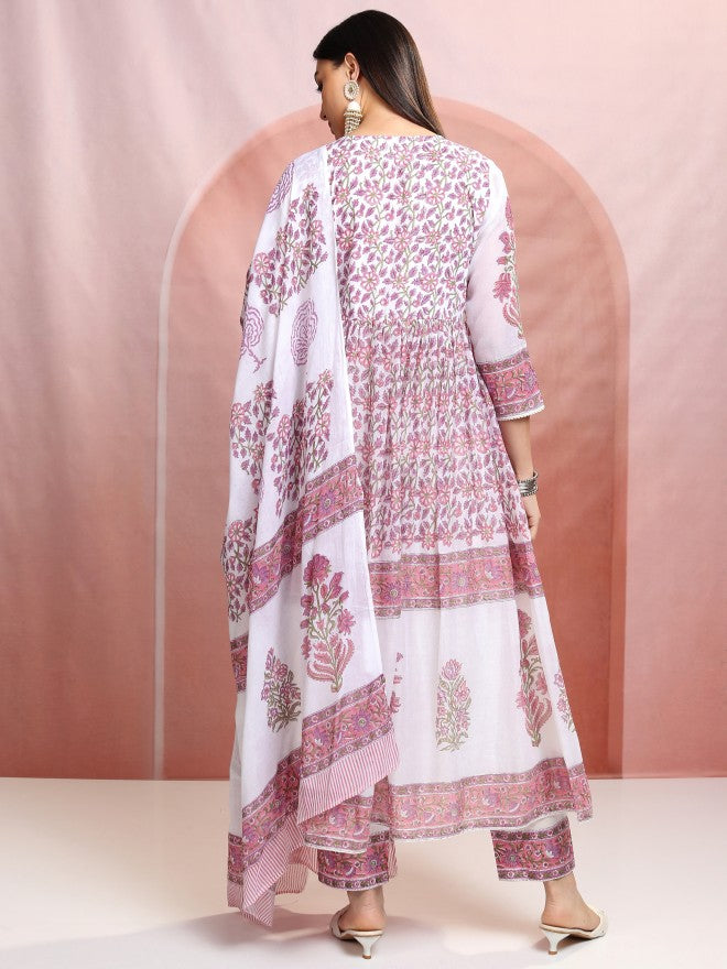 Vishudh Women White Printed Kurta With Trouser And Dupatta - White - Image 3