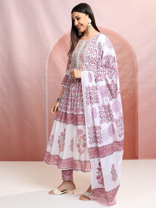 Vishudh Women White Printed Kurta With Trouser And Dupatta - White - Image 4