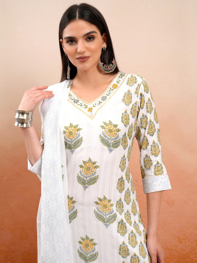 Vishudh Women White Printed Kurta With Trouser And Dupatta - White - Image 1