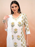 Vishudh Women White Printed Kurta With Trouser And Dupatta - White - Image 1
