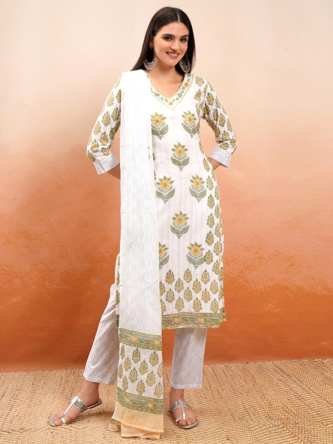 Vishudh Women White Printed Kurta With Trouser And Dupatta - White - Image 2