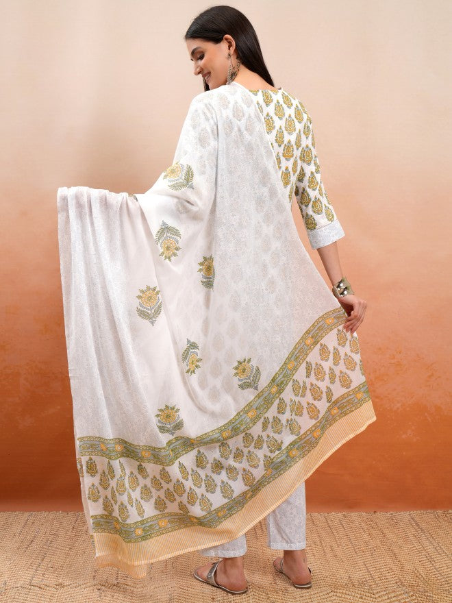 Vishudh Women White Printed Kurta With Trouser And Dupatta - White - Image 3