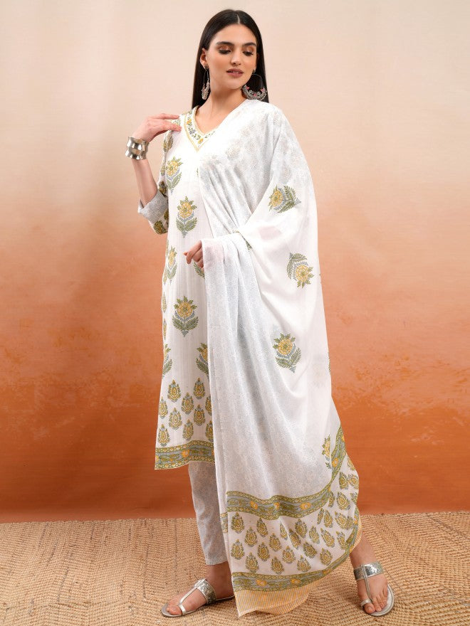 Vishudh Women White Printed Kurta With Trouser And Dupatta - White - Image 4