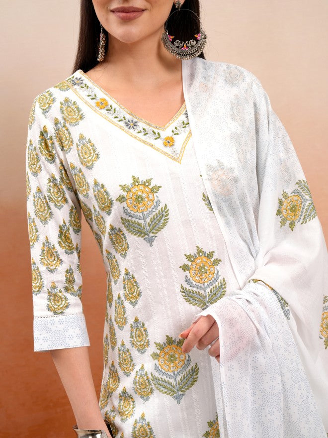 Vishudh Women White Printed Kurta With Trouser And Dupatta - White - Image 5